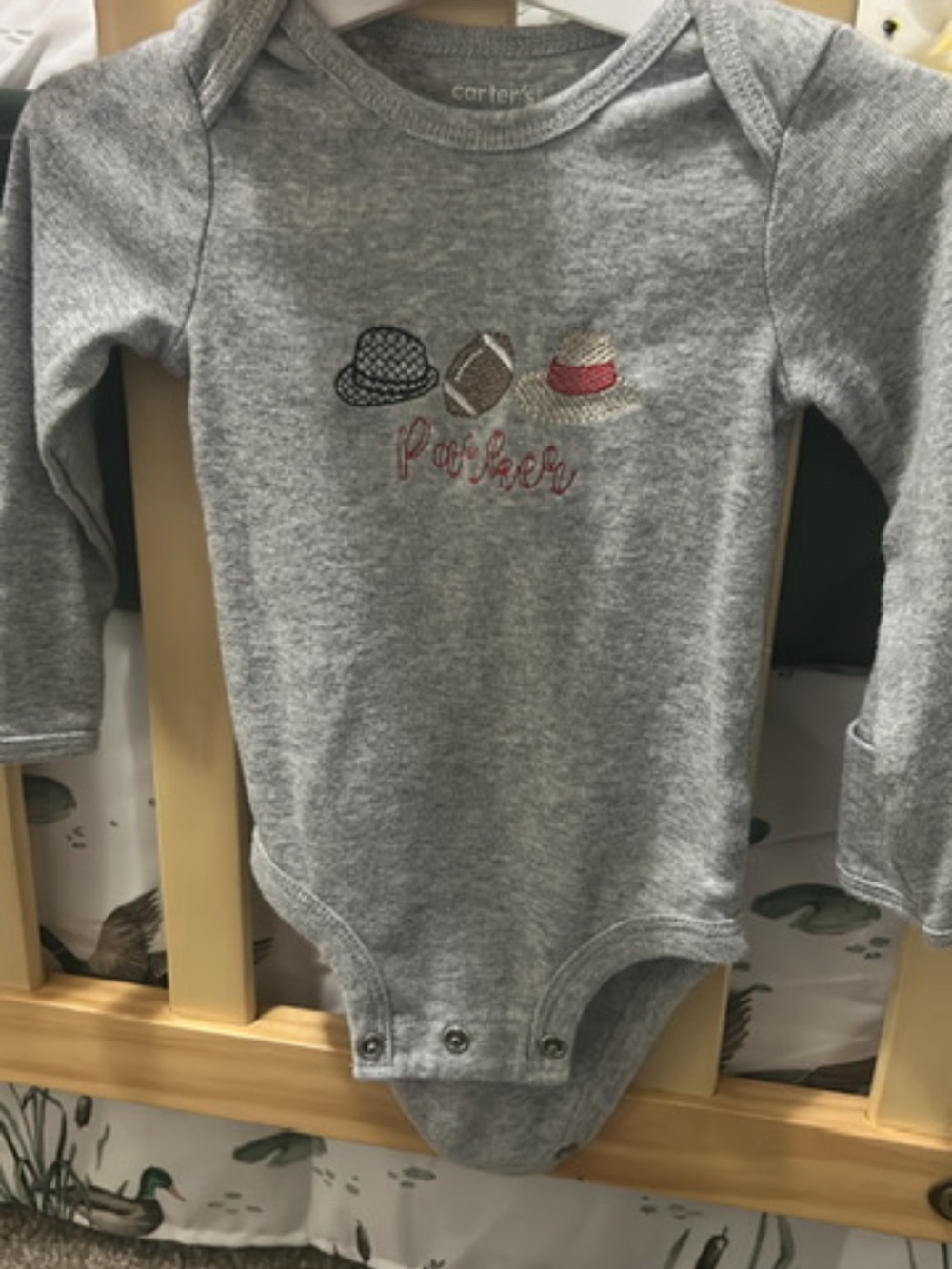 Carter's Gray Long-Sleeve Embroidered Baby One-Piece